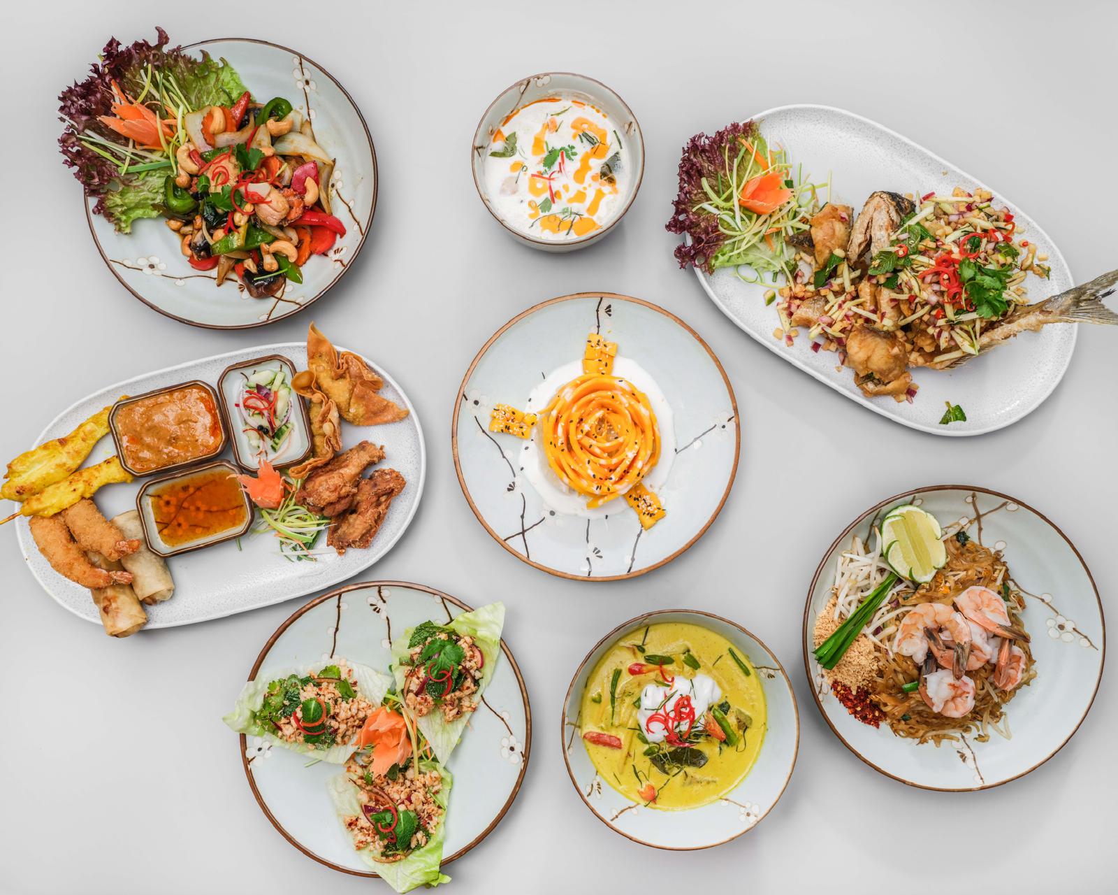 Auswahl an frischen Thai-Gerichten von oben fotografiert