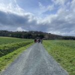 Eine Gruppe läuft auf dem Waldweg Richtung Wildschweinroute