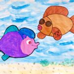 Plakat mit zwei gemalten bunten Goldfischen.