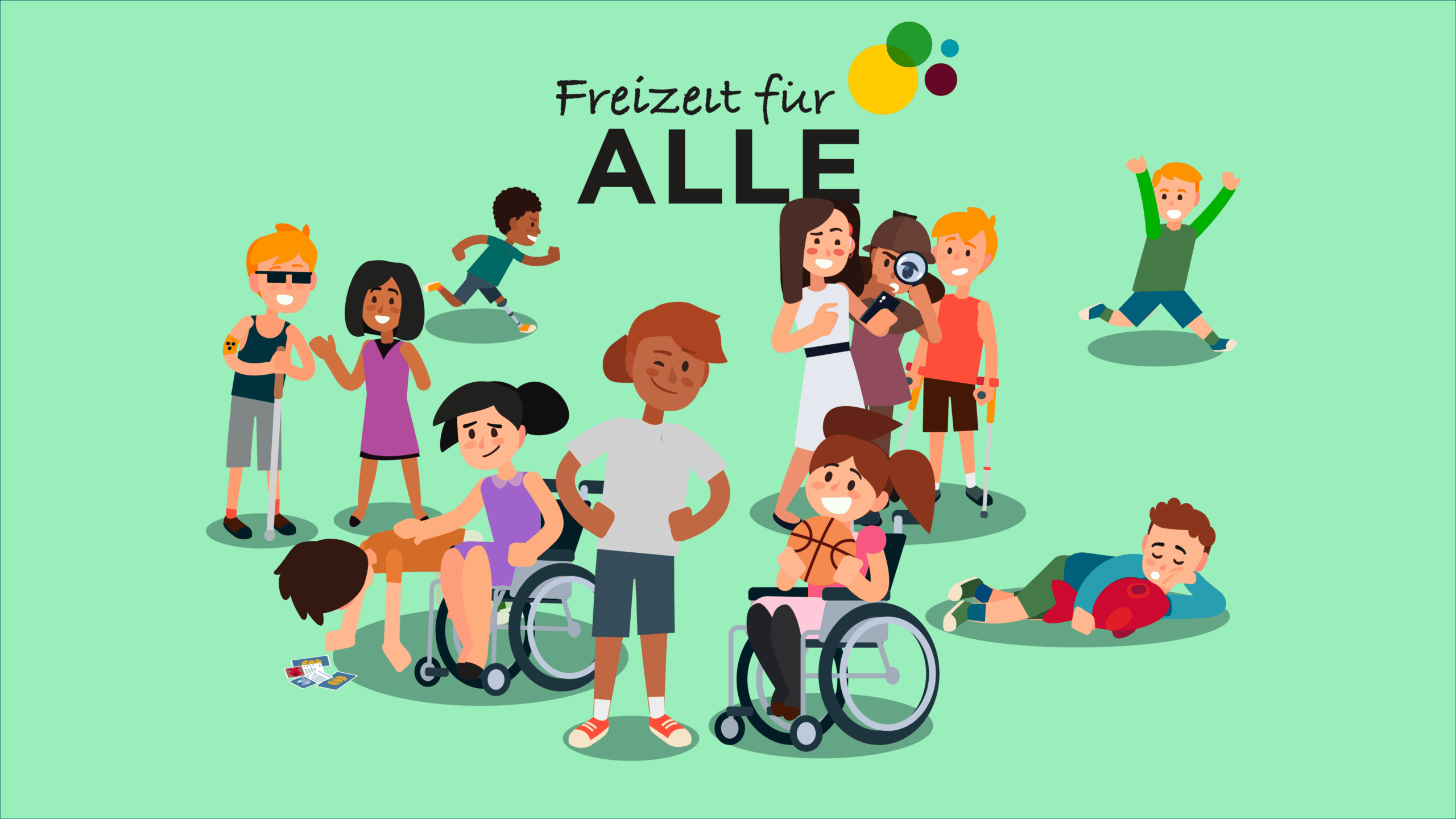Illustration von elf Kindern mit und ohne Behinderung, die gemeinsam Freizeitaktivitäten genießen, darunter Rollstuhlfahrer und spielende Kinder, mit dem Text 'Freizeit für ALLE'